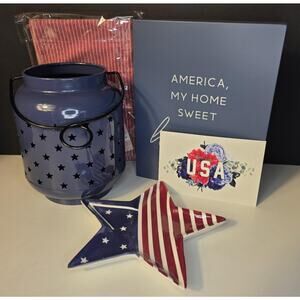 Decocrated Patriotic Home Decor Set Lantern Tea Towels Sign Tray USA July 4th